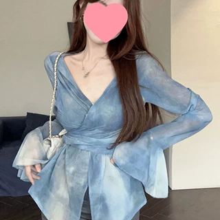 复古海蓝风2026新款扎染飘带喇叭长袖衬衫收腰纺衫胖妹妹显瘦上衣