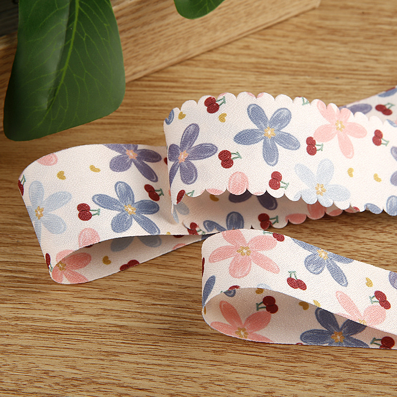 Cherry Double-Sided Print Ribbon for Baking Gift Floral DIY Bow Hair Accessory Material Flowered Toothed Polyester Ribbon