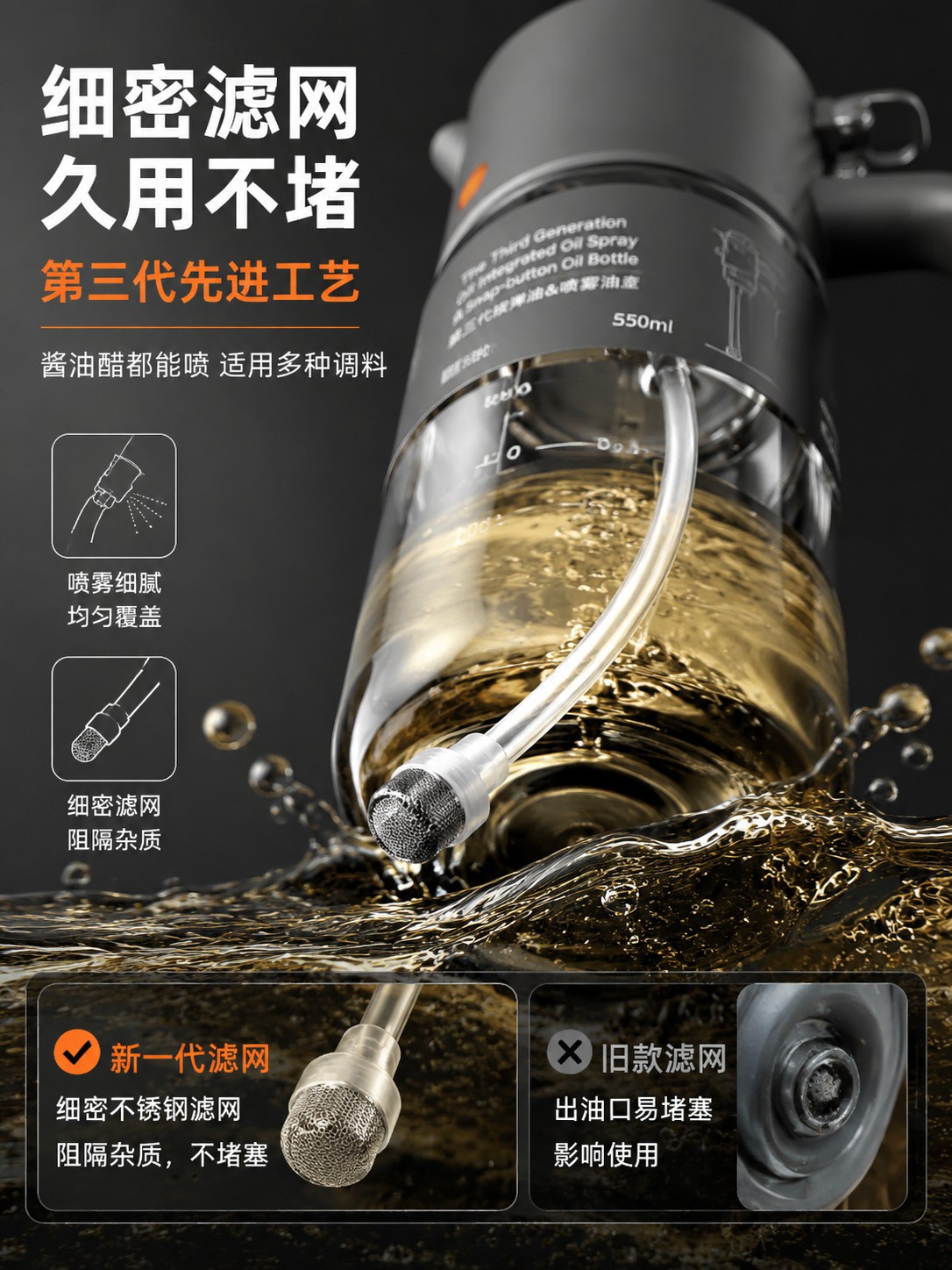 Yağ Püskürtme ve Dökme İki Kullanımlı Gıda Sınıfı Yüksek Borosilikat Camı Yağ Püskürtme Şişesi Ev Tipi Yağ Tutmayan Yüksek Sislenme Yağ Püskürtme Şişesi Yağ Şişesi