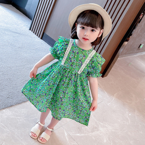 Girls floral dress summer green 2024 new style children's summer skirt princess short-sleeved baby girl