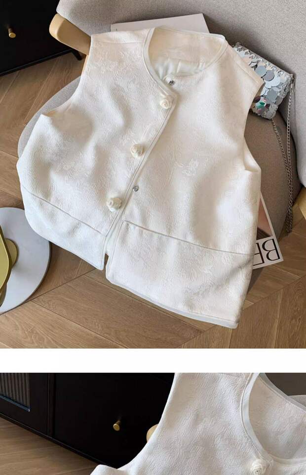 Áo ghi lê nữ dáng cardigan không tay họa tiết hoa jacquard, dài áo 50–65 cm — màu đen chi tiết 19