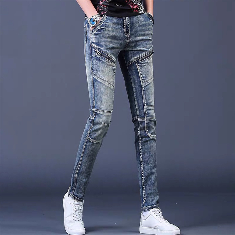 Men's Stretch Jeans Spring and Autumn Trendy Versatile Slim Fit Trendy Brand Washed Retro Long Pants Biker Skinny Pants