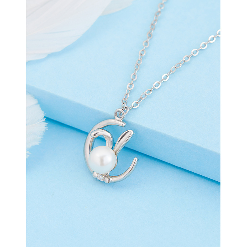 S925 plata esterlina perla Luna conejo collar femenino nicho diseño nuevo zodiaco conejo colgante cadena clavícula