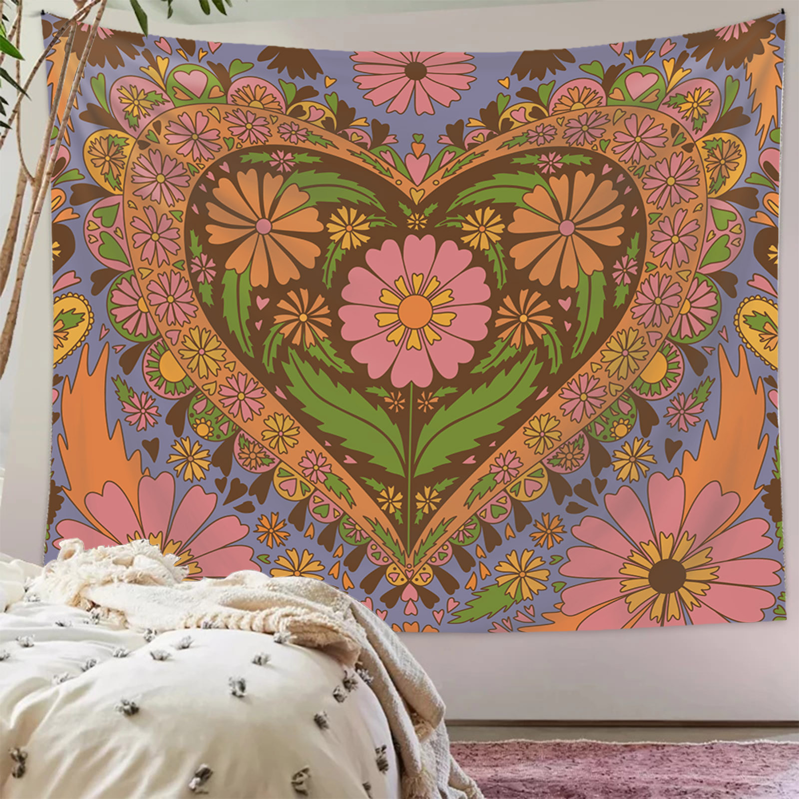 Retro Pastoral Heart Shape Flower Polyester Tapestry display picture 2