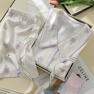New Ice Silk Pajamas for Women Summer Short-sleeved Shorts Violet Silk Thin ins Style Outer Wear Home Wear Set