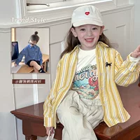 Elmo Bebe, осень 2024, клетчатая рубашка в корейском стиле для девочек, повседневная свободная полосатая рубашка в западном стиле с вышивкой, модный топ