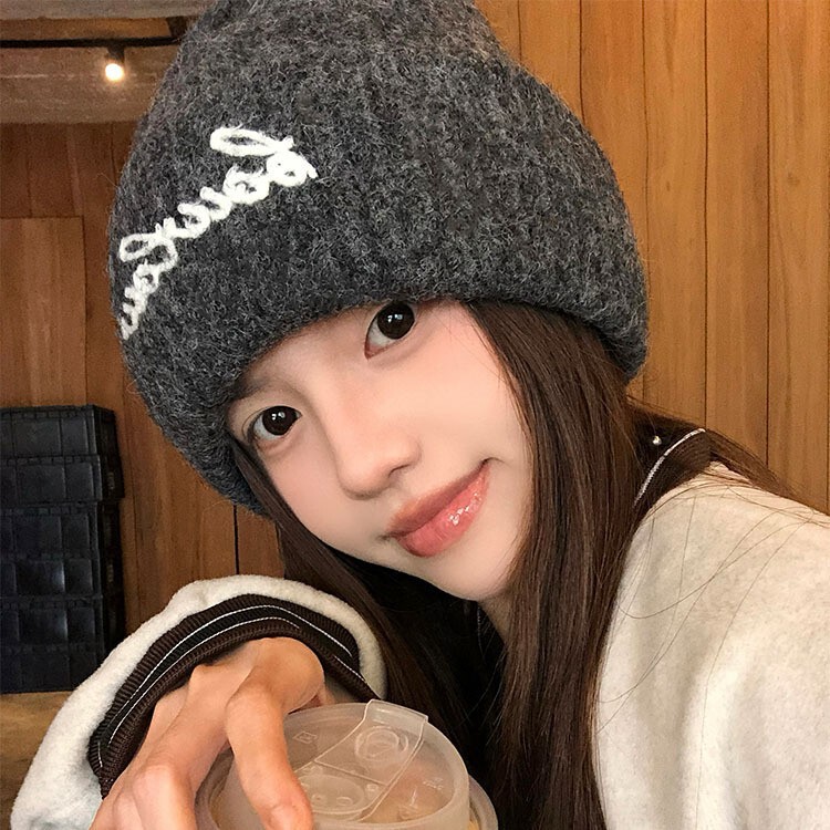 秋冬帽子女款美式百搭字母堆堆帽大头围保暖包头帽户外休闲毛线帽|undefined