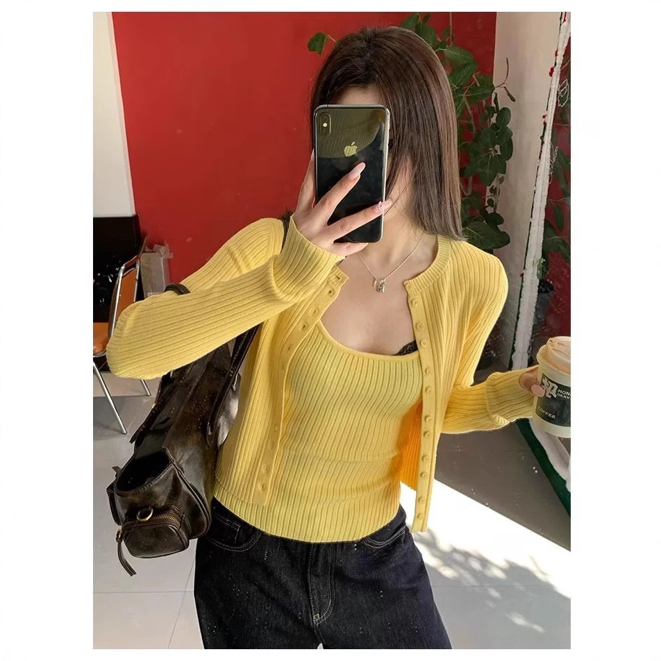 E7Q8 Korean-style Spice Girl's Knitted Cardigan with Strap Two-piece Set Women's Multi-color All-match Slim-fit Slim-fit Small Top