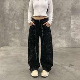 2025秋季重工艺烫钻满天星牛仔裤男女款美式高街潮牌直筒阔腿裤子