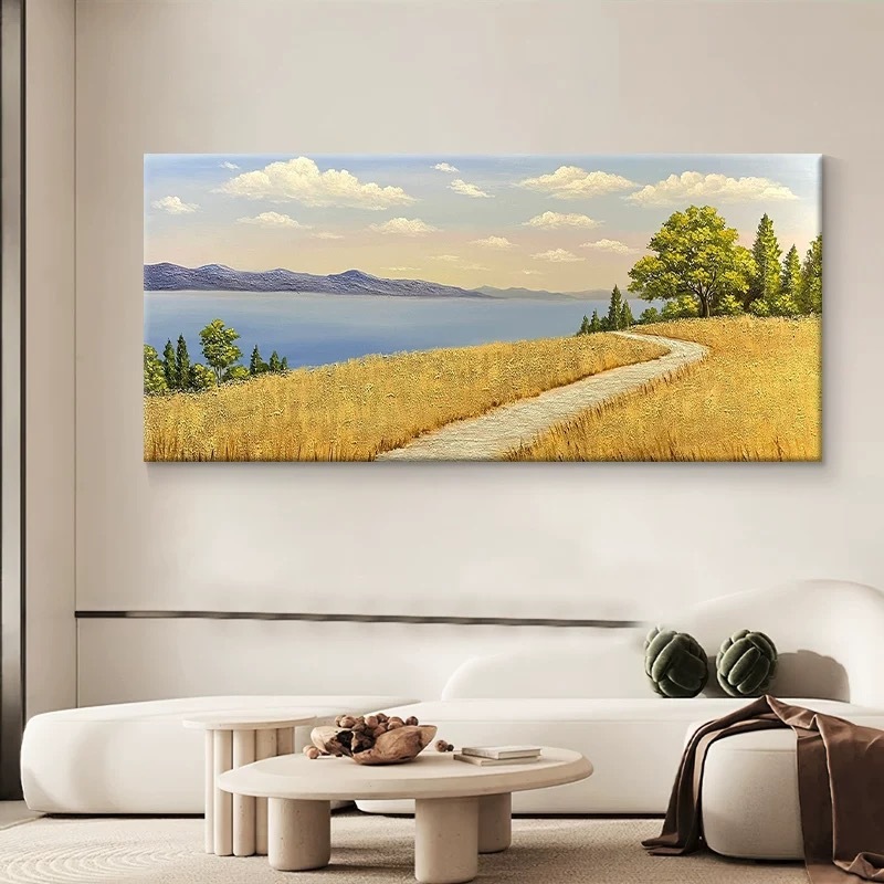 収穫小麦畑純粋な手描き大芬村油絵リビングルーム風景装飾絵画ソファ背景壁画|undefined