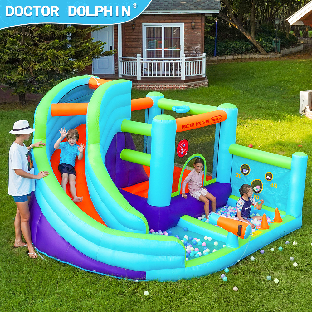 Dr. Dolphin Castillo inflable interior tobogán inflable hogar pequeño parque de trampolín inflable con chorro de agua