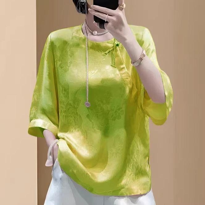 新しい中国風の女性の半袖紫色のアセテートジャカードナショナルスタイルトップサマーシャツ西洋スタイル多用途五分袖シャツ|undefined