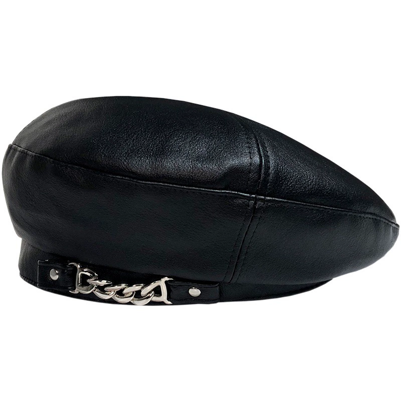 Кожаный берет с цепочкой для женщин, восьмиугольная шляпа в британском стиле ретро, популярный японский стиль, модный универсальный художник из искусственной кожи в стиле k