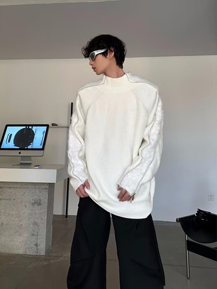 Men's Clothing street zipper sweater brand high street casual deconstruction design loose round neck knitted sweater trend_voghion.com