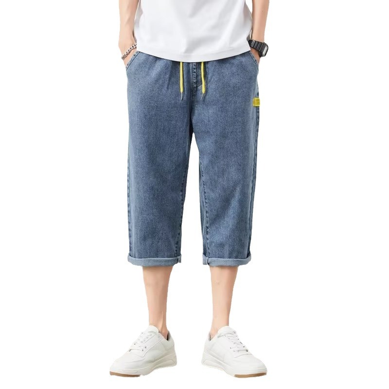 Verano delgado verano vaquero tendencia de los hombres sueltos rectos tallas grandes pantalones recortados marca de moda de los hombres pantalones medios de 7 puntos