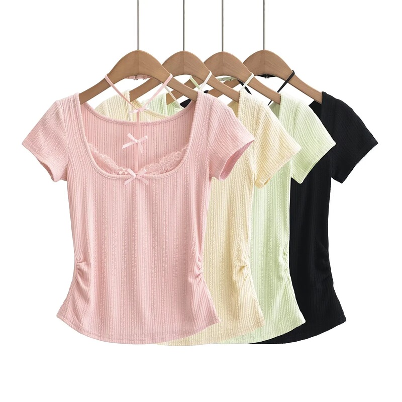 Pure Sexy Square Collar Slim-fit Short Lace-rimmed Short-sleeved T-shirt Women's Summer Hot Girl Style Bow-neck Top