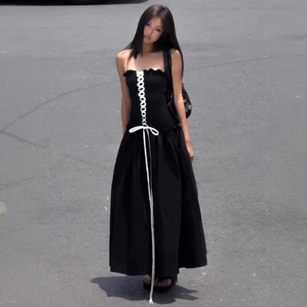 Нишевый дизайн-платье A-образное платье французское платье-грудь женская летняя юбка с ремешком на талии длинная юбка тонкая черная юбка