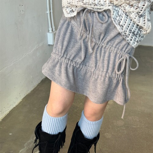 2-color in-stock South Korean Instagram summer ribbed drawstring bow pleated skirt A-line skirt Japanese vintage style