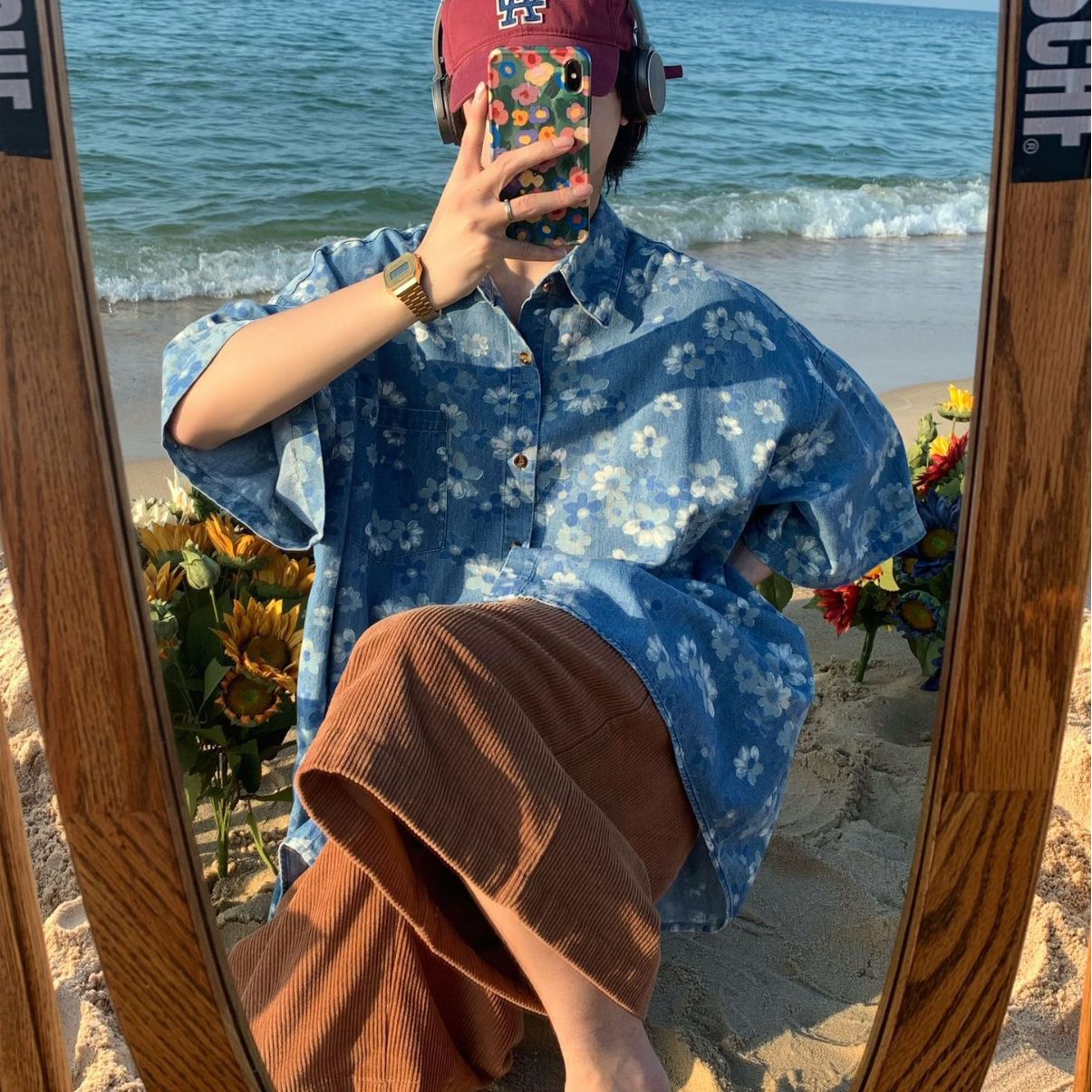 Japonés retro flor completo impreso lavado angustiado Denim camisa de manga corta de los hombres de verano Nueva camisa casual suelta moda