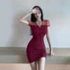 Mesh stitching short sleeve slim package hip show thin irregular dress skirt