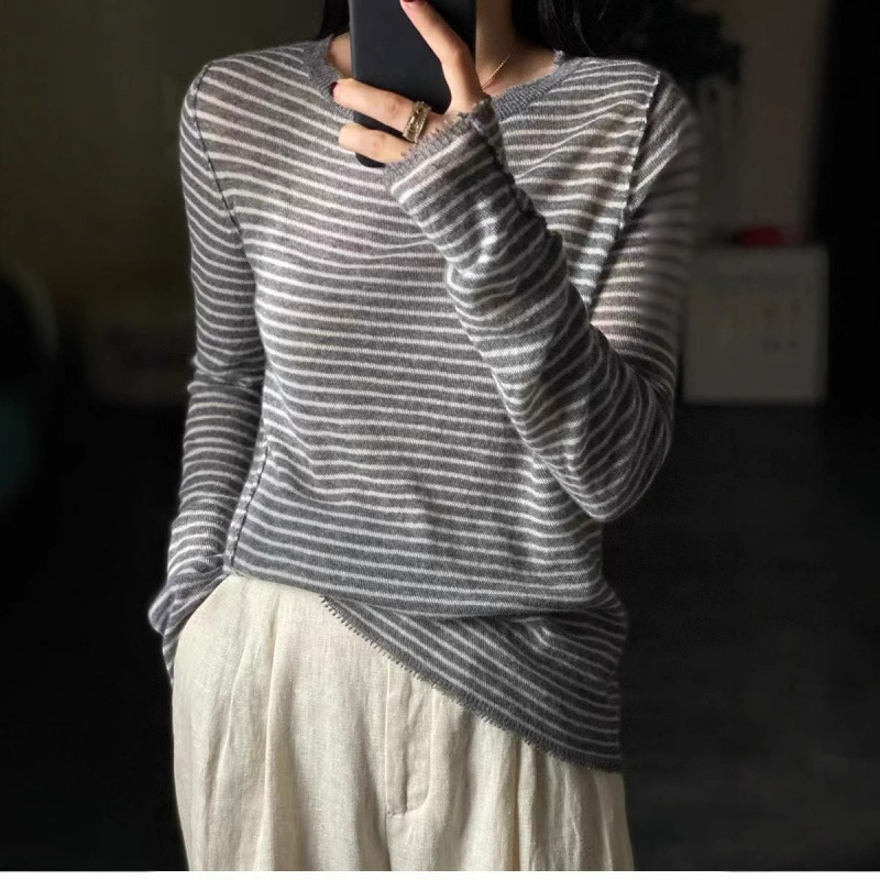 Early Autumn Fine Wool Knit Sweater for Women, Round Neck Striped Pullover Sweater with Tassels, Fashionable Inner Wear, Long-Sleeve Thin Base Layer Early Autumn Fine Wool Knit Sweater for Women, Round Neck Striped Pullover Sweater with Tassels, Fashionable Inner Wear, Long-Sleeve Thin Base Layer