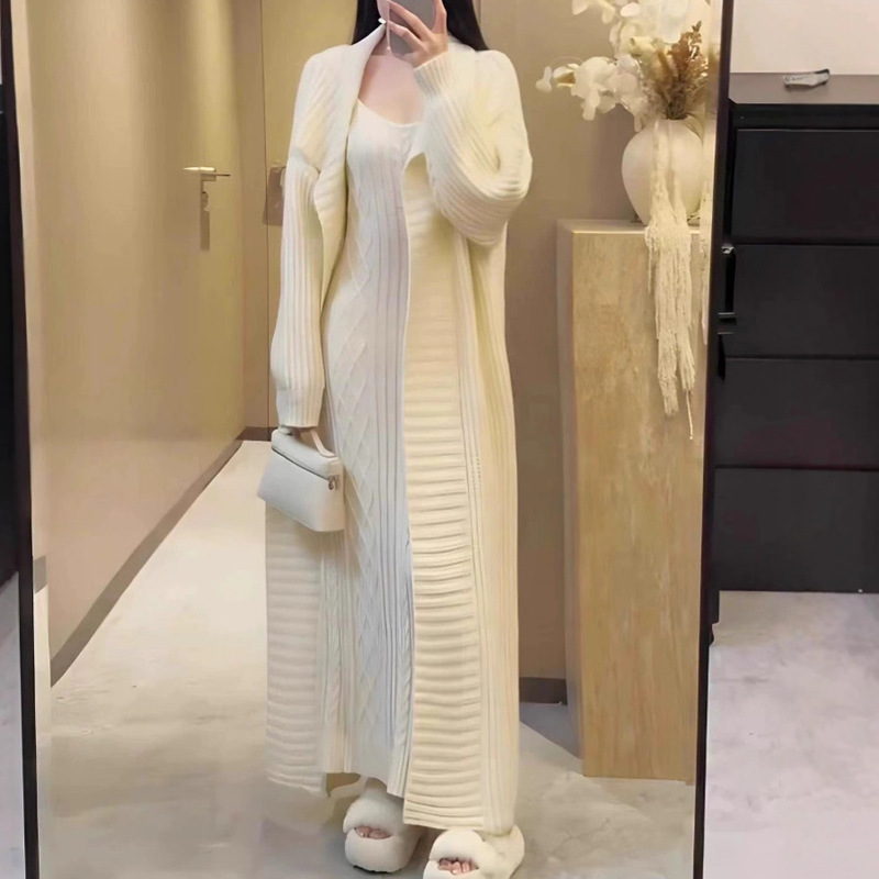 Hong Kong Style Retro Cross-Border Braided Knit Suspender Dress + Long Sweater Cardigan Coat Elegant Two-Piece Set for Women