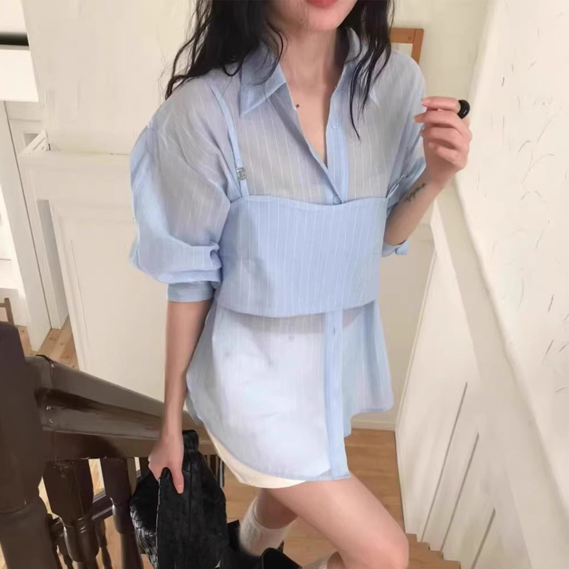 条纹防晒长袖衬衫吊带两件套|undefined