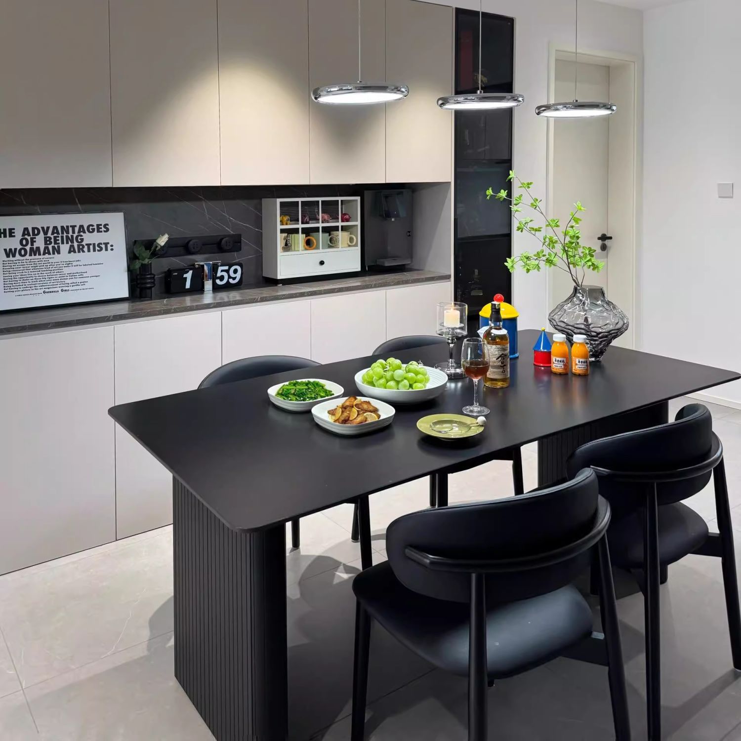 Italian-Style Pure Black Small Apartment Slate Dining Table, Minimalist Modern Simple Dining Table and Chair Set for Home Use