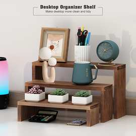跨境木制桌面复古阶梯置物架玩偶手办实木陈列架简约摆摊整理收纳
