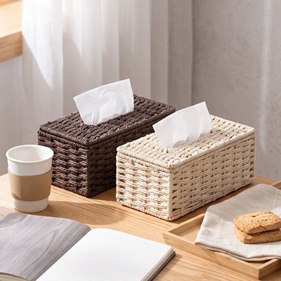 Rattan-style tissue box for home use, suitable for living room coffee table, simple woven storage box, decorative item for hotels and guesthouses
