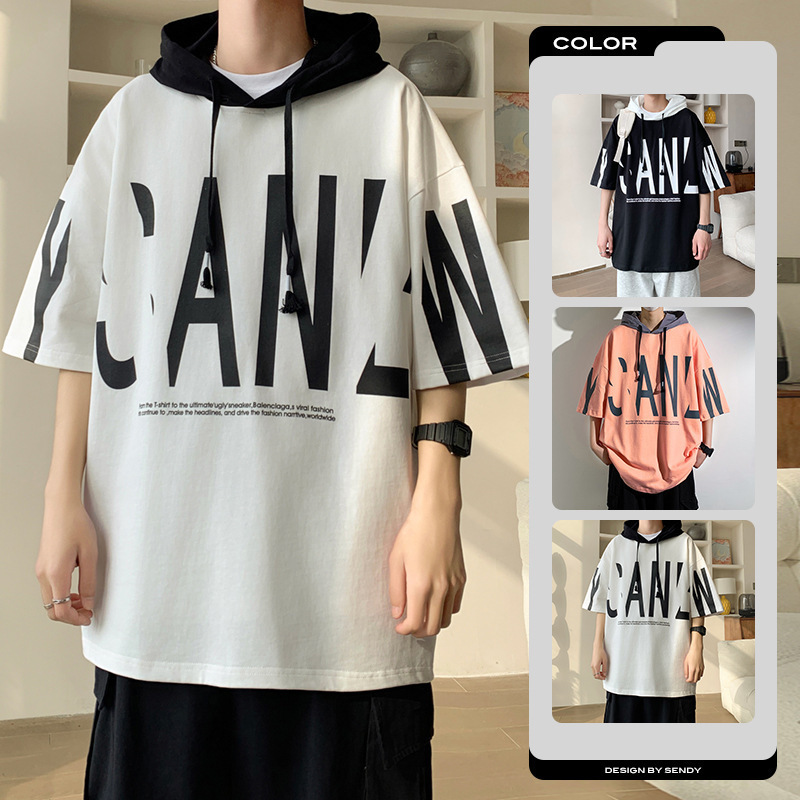 Camiseta de manga corta encapuchada de moda masculina de verano suelta ropa de estilo portugués marca de moda camiseta de manga media delgada de moda