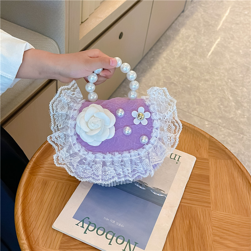 2022 nuevas niñas bolso de perlas de dibujos animados lindo arco princesa bolso de hombro estilo occidental encaje pequeño bolso de hombro