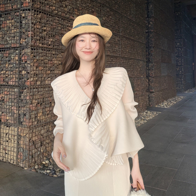 Miyake Pleated Loose Short Coat Sun Protection Clothing French Ruffle Shirt Top for Women