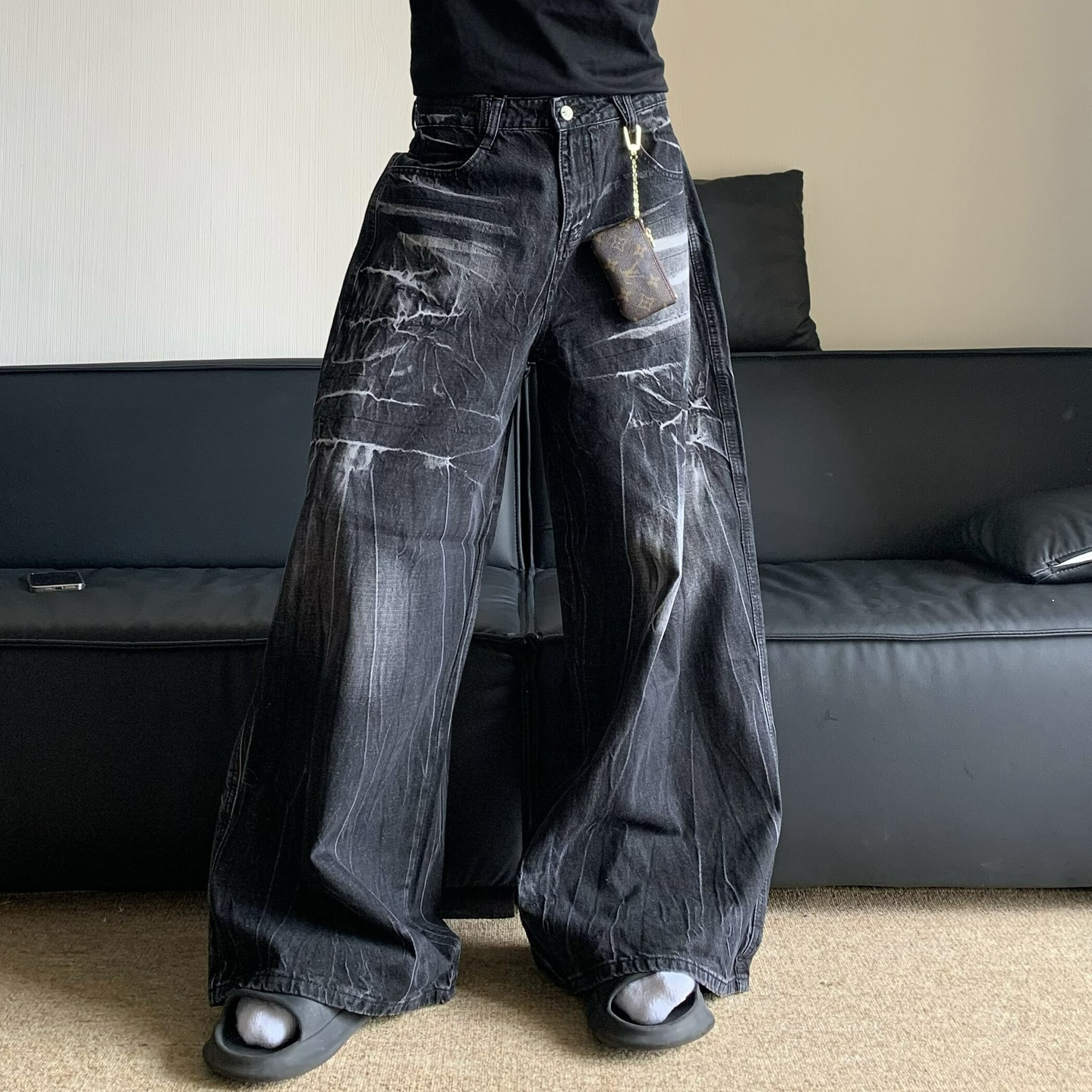 American Style Vintage cleanfit Washed Old Jeans Men's Niche Lightning Pattern Vibe Loose Wide-Leg Long Pants