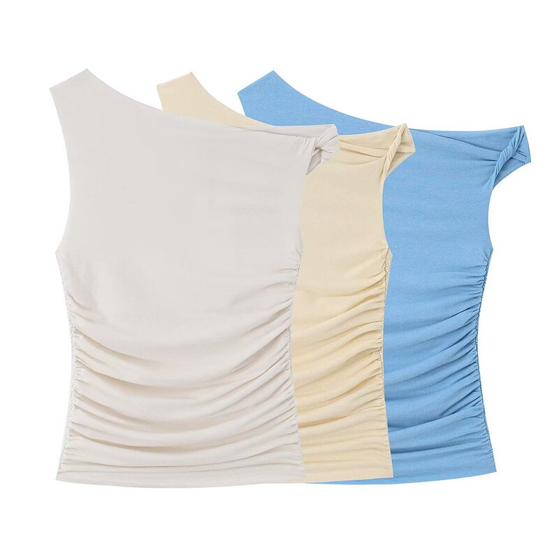 Taop&Za Women's Clothing 2026 Summer New Versatile Pleated Asymmetrical Collar Sleeveless Slim-Fit Top 2615301