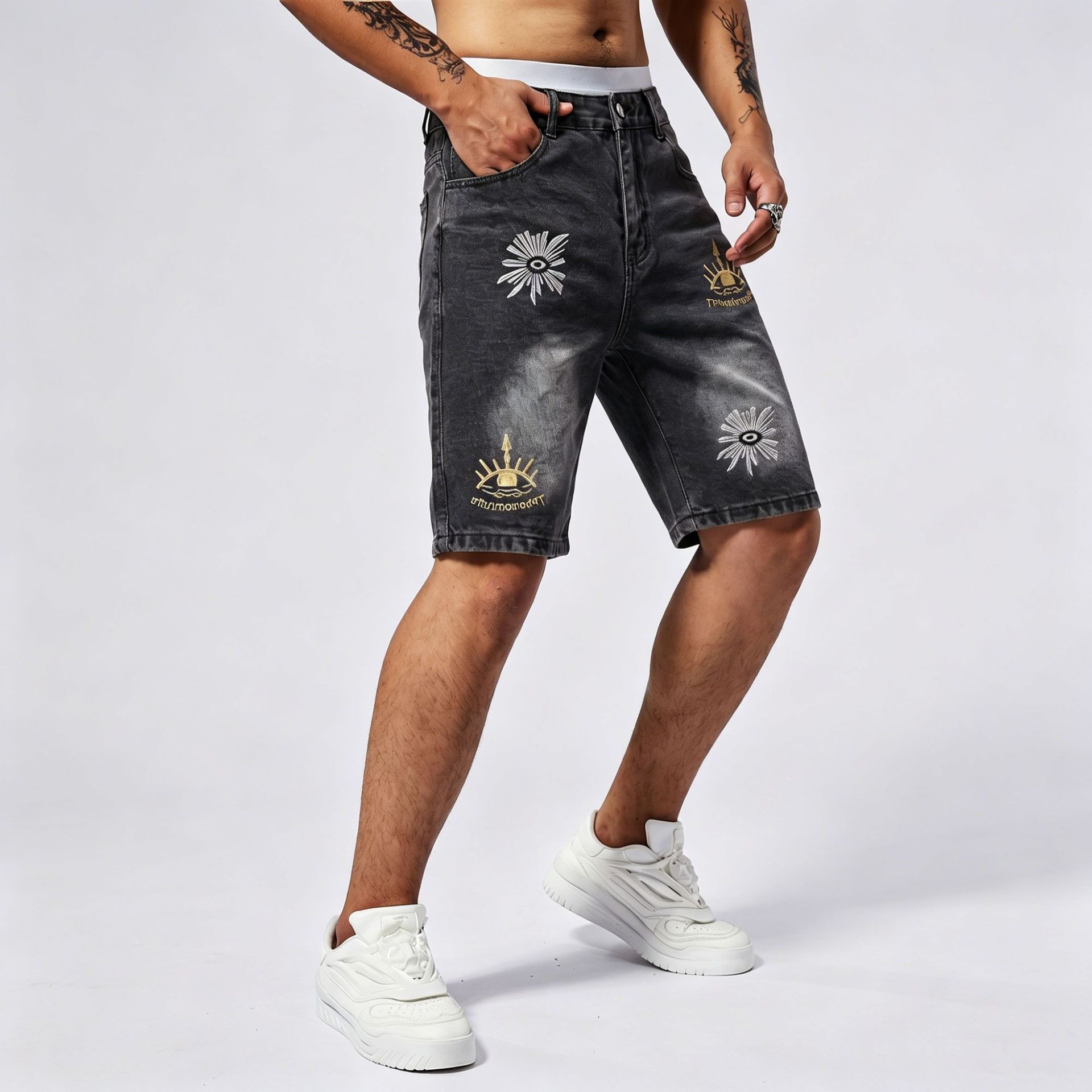 Men's Distressed Denim Shorts All-Seeing Eye Print American Streetwear Style Summer Baggy Cargo Jeans_mkmklike.com