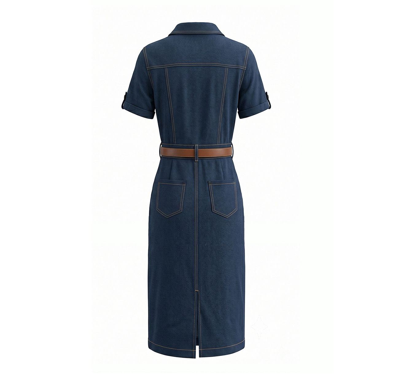 Đầm denim nữ cổ V eo cao tay ngắn dáng ôm — xanh lam chi tiết 17