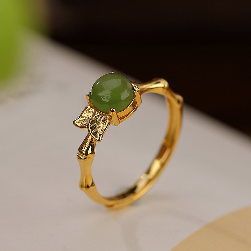 Nhẫn bạc S925 mạ vàng đính hạt ngọc bích jasper hình lá tre phong cách mục vụ — Kiểu màu bạc