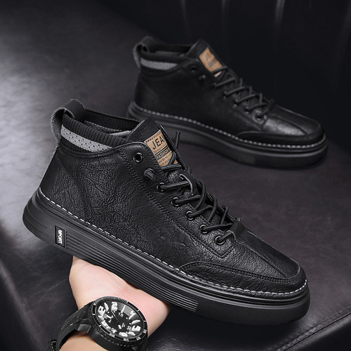 2024 new spring men's shoes spring work trend high-top sneakers casual leather shoes Martin boots versatile trendy shoes