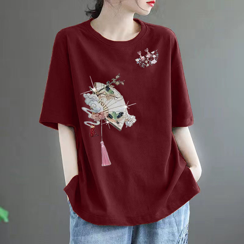 Pure Cotton Short-Sleeved T-Shirt for Women 2026 Summer New Chinese Style Plus Size 100kg Mom Style Loose Slimming Versatile Top