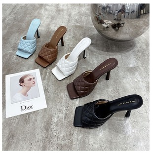 2023 Summer new European and American catwalk rhombus bread fashion heel sandals simple square toe high heel women's shoes