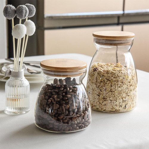 Household food glass storage jars Glass kitchen grain storage jars Transparent bamboo lid grain coffee tea jars