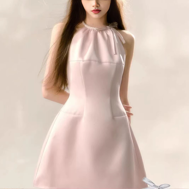 Luo Yuxiao's Same Style Pink Satin Glossy Halter Neck Dress for Women, Autumn and Winter Waist-Cinching Sleeveless Short Dress