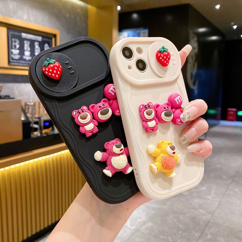 Wave Sliding Window Suitable for Apple 15/16 Protective Case 13 Strawberry Bear DIY Stereo Dustproof Phone11 Mobile Phone Case