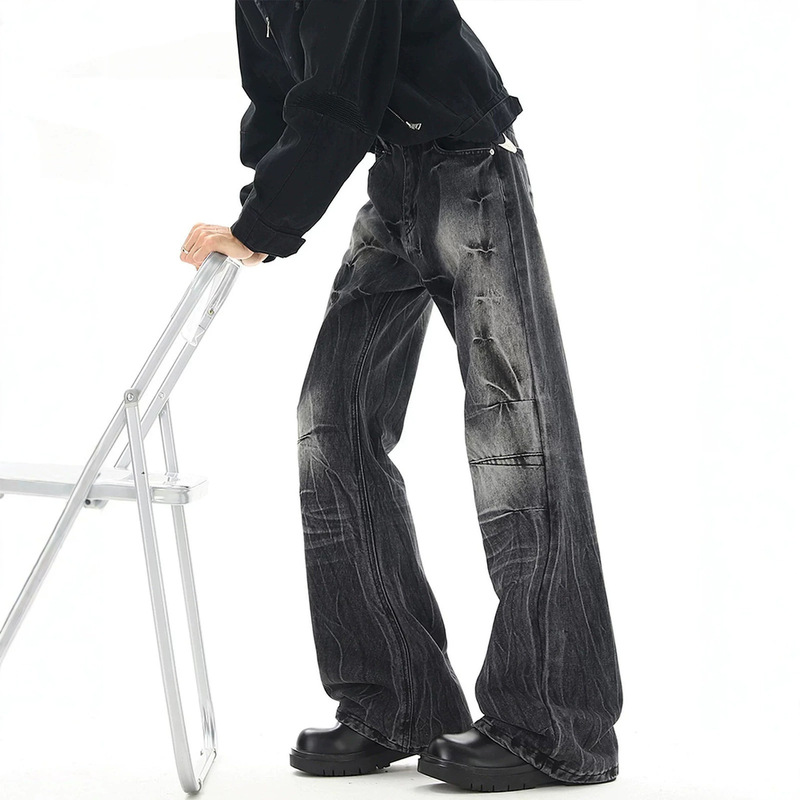 American-style streetwear washed lightning-pattern flared jeans for men and women, loose-fitting, cool straight-leg pants with a vintage look for autumn American-style streetwear washed lightning-pattern flared jeans for men and women, loose-fitting, cool straight-leg pants with a vintage look for autumn