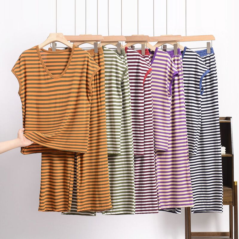 Modal Fashion Striped Crew Neck T-Shirt Loose Straight Pants Loungewear Plus Size Casual Simple Two-Piece Set Modal Fashion Striped Crew Neck T-Shirt Loose Straight Pants Loungewear Plus Size Casual Simple Two-Piece Set