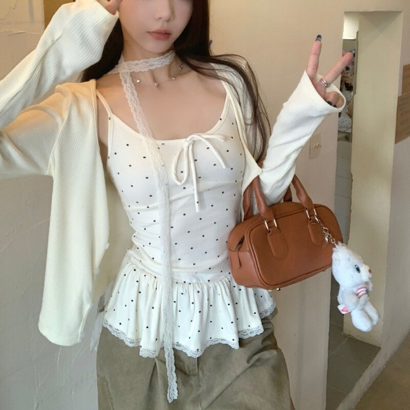 Korean-Style Polka Dot Layered Camisole 2026 New Sweet Lace Pure Desire Top with Chest Pads for Inner or Outer Wear