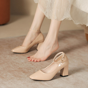 2024 New Square Toe Thick Heel High Heels Mary Jane One-Buckle Thick Heel Women's Shoes Large Size Plus Fat Widened Easiest for Match
