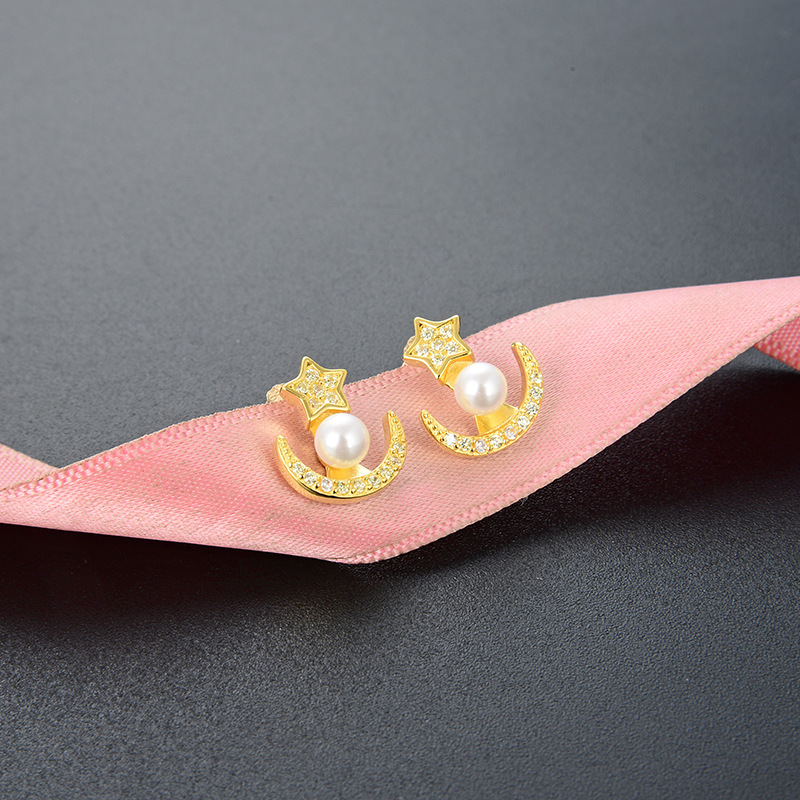 Fresh star moon circón accesorios pendientes de Corea del Sur s925 pendientes de perlas de plata pendientes de moda de las mujeres al por mayor