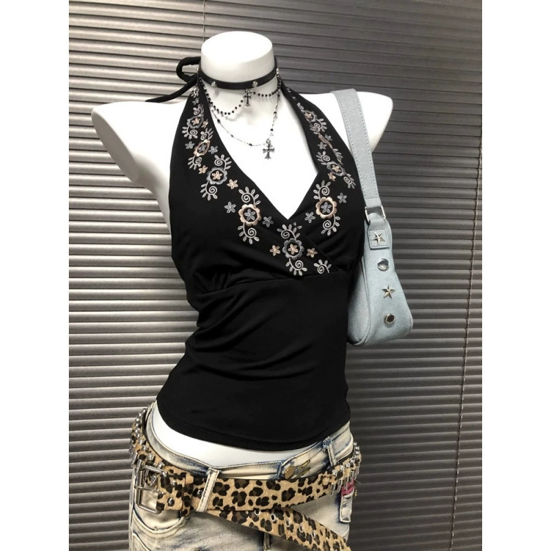 Нишевый Millennium Spice Girl y2k Абби носить черную шею с вышивкой и подтяжкой без спинки ретро топ